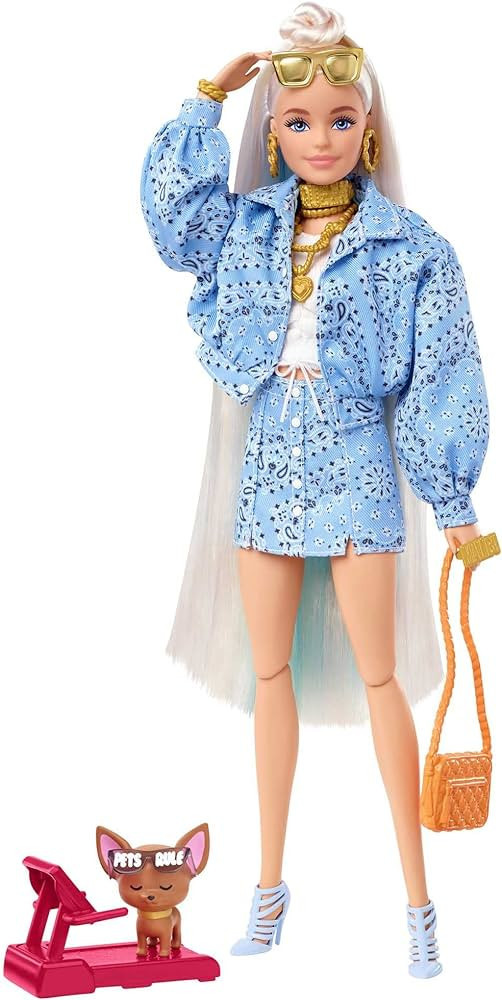 Barbie Extra Doll & Accessories with Platinum Blonde Hair, Blue Paisley-Print Jacket & Pet Chihua... | Amazon (US)