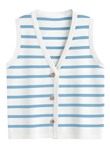 LILLUSORY Vest Tops for Women 2025 Fall Outfits Striped Sweaters Button Up Casual Shirts Blouses Jacket Fashion Clothes WhiteSky S | Amazon (US)