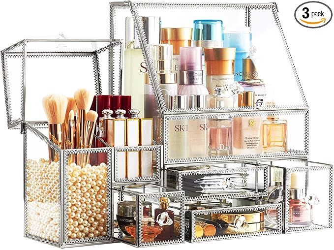 Stackable 3Pieces Drawer Set Glass Makeup Organizer Antique Countertop Vanity Cosmetic Storage Bo... | Amazon (US)