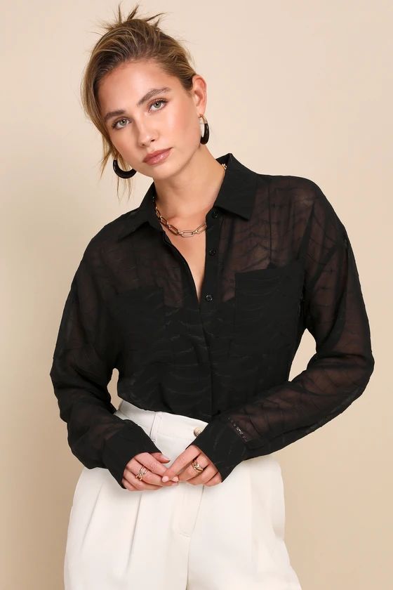 Elevated Perception Black Sheer Textured Wavy Button-Up Top | Lulus