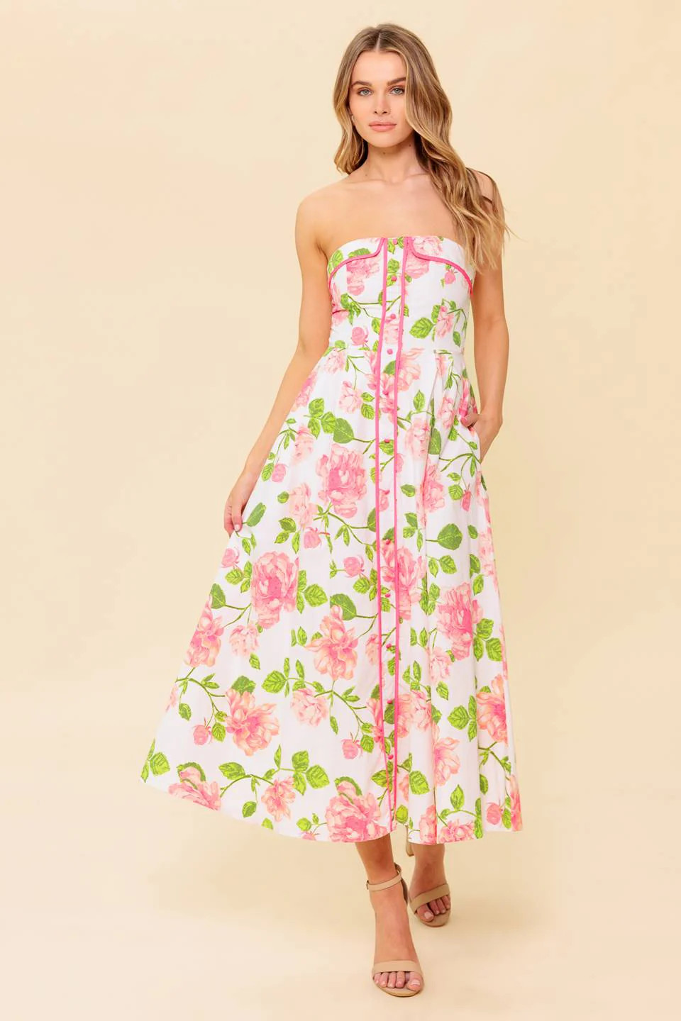 SUNDAY AFTERNOON - PINK FLORAL STRAPLESS MIDI DRESS | Lady Black Tie