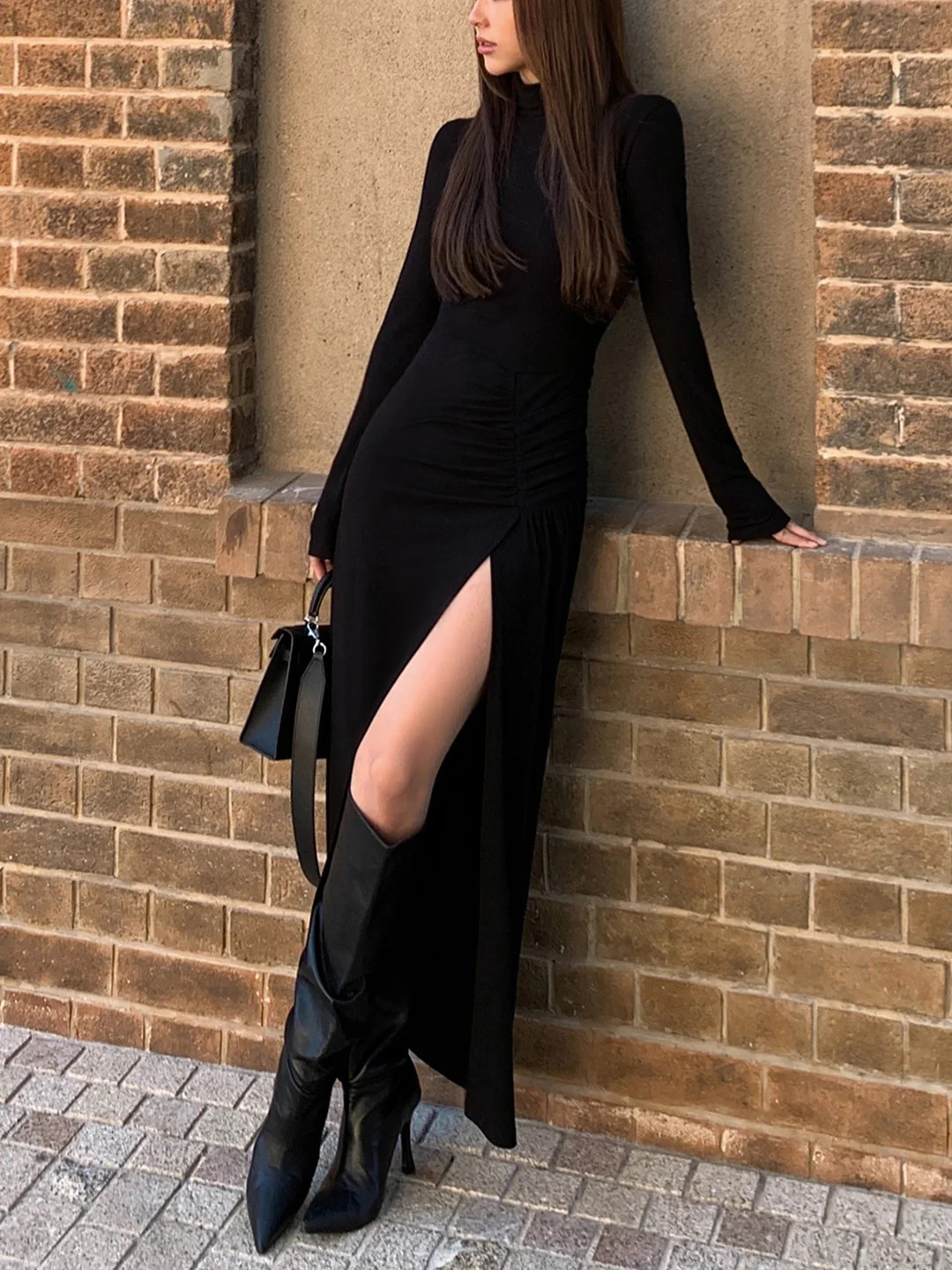 Slit Pleated Long Sleeve Bodycon Mock Neck Long Dress | Commense
