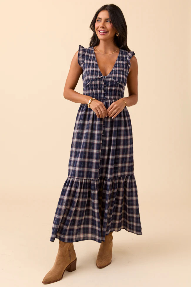 Ruth Navy Plaid Maxi Dress | Pink Lily