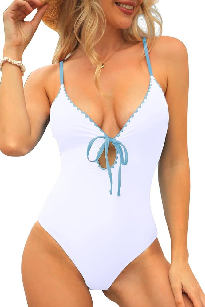 CHYRII Women's Sexy Cutout Scalloped One Piece Swimsuit V Neck Bathing Suit Swimwear | Amazon (US)