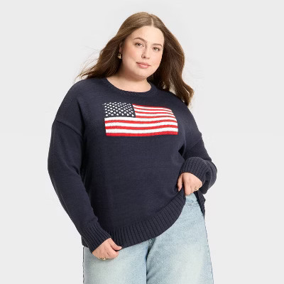 Women's Crewneck Americana Pullover Sweater - Wild Fable™ Navy Blue XXL | Target