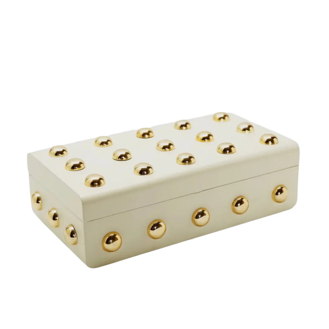 Beige Decorative Box with Shiny Gold Ball Design | Sea Marie Designs