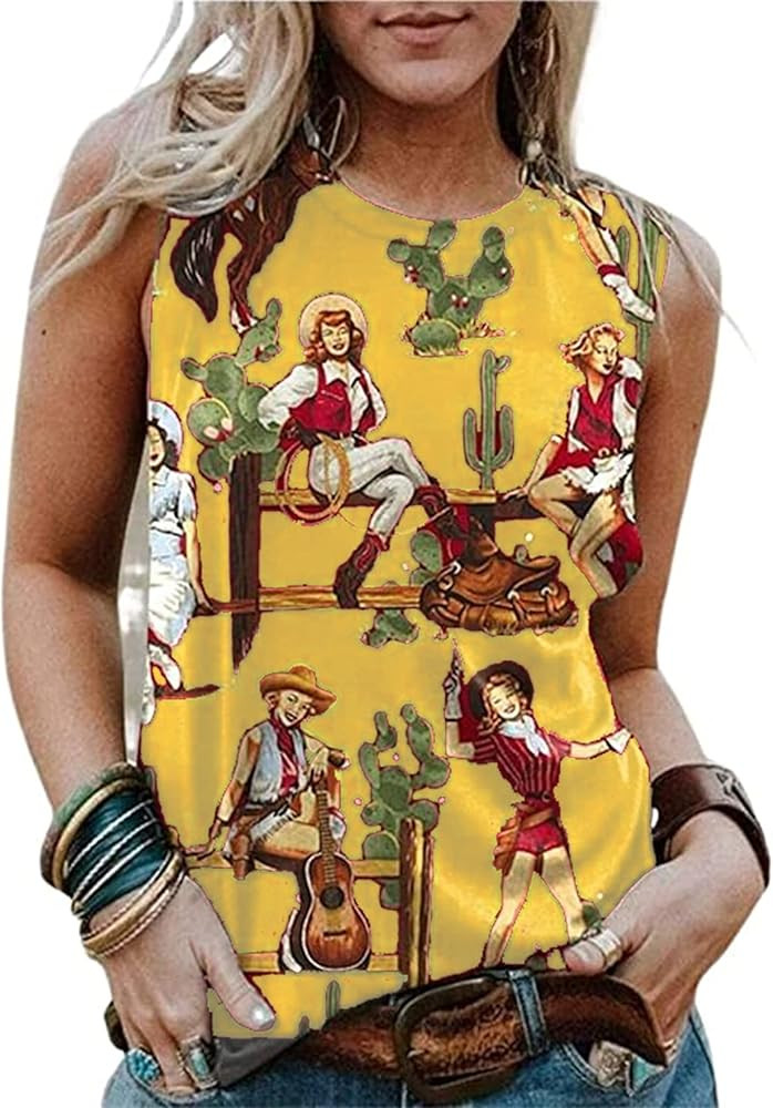 Western Cactus Horse Tank top Cactus Shirts for Women Desert Horse Graphic Casual Cowgirl Round collar Vintage Vest top | Amazon (US)