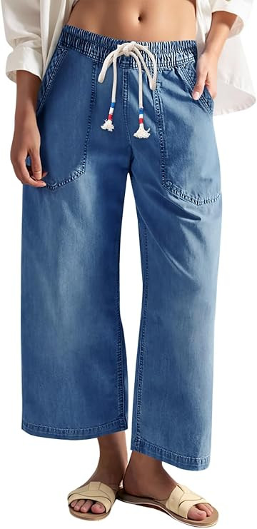 Cicy Bell Women's Wide Leg Jeans Casual Drawstring High Wasit Boyfriend Loose Baggy Capri Denim P... | Amazon (US)