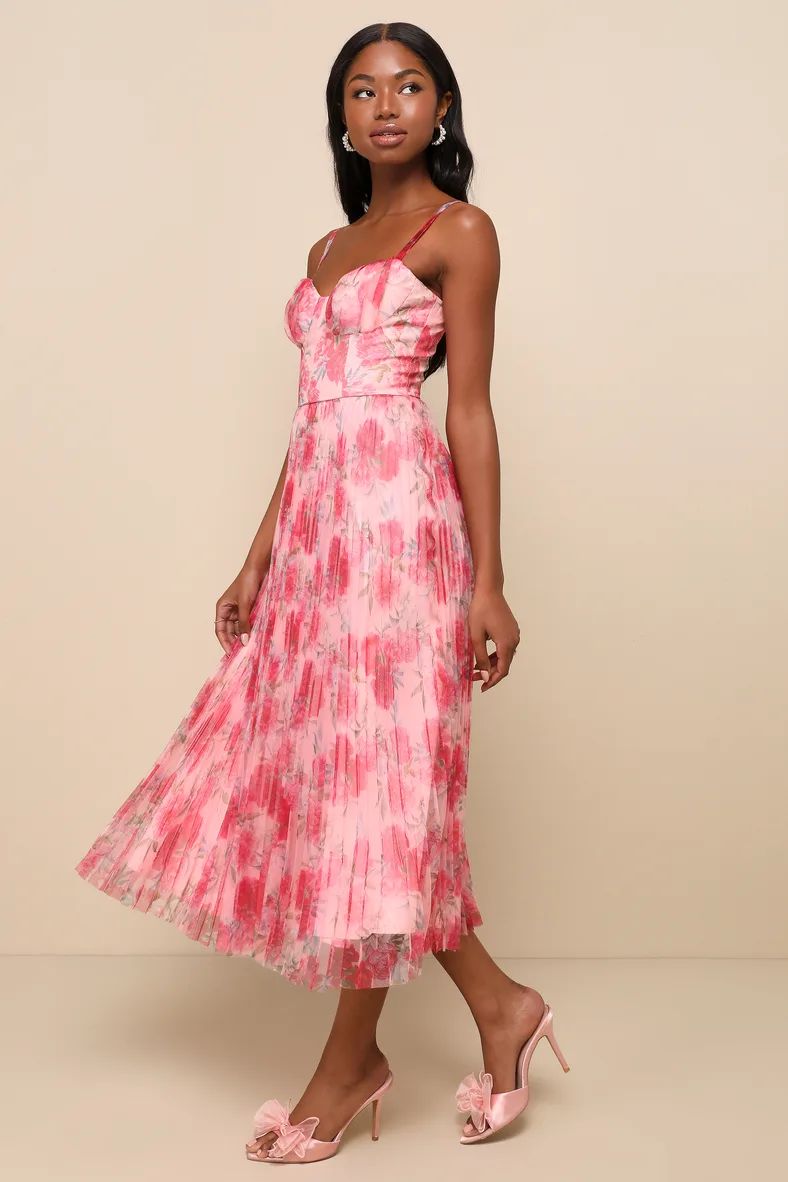 Alluring Invite Light Pink Floral Pleated Bustier Midi Dress | Lulus