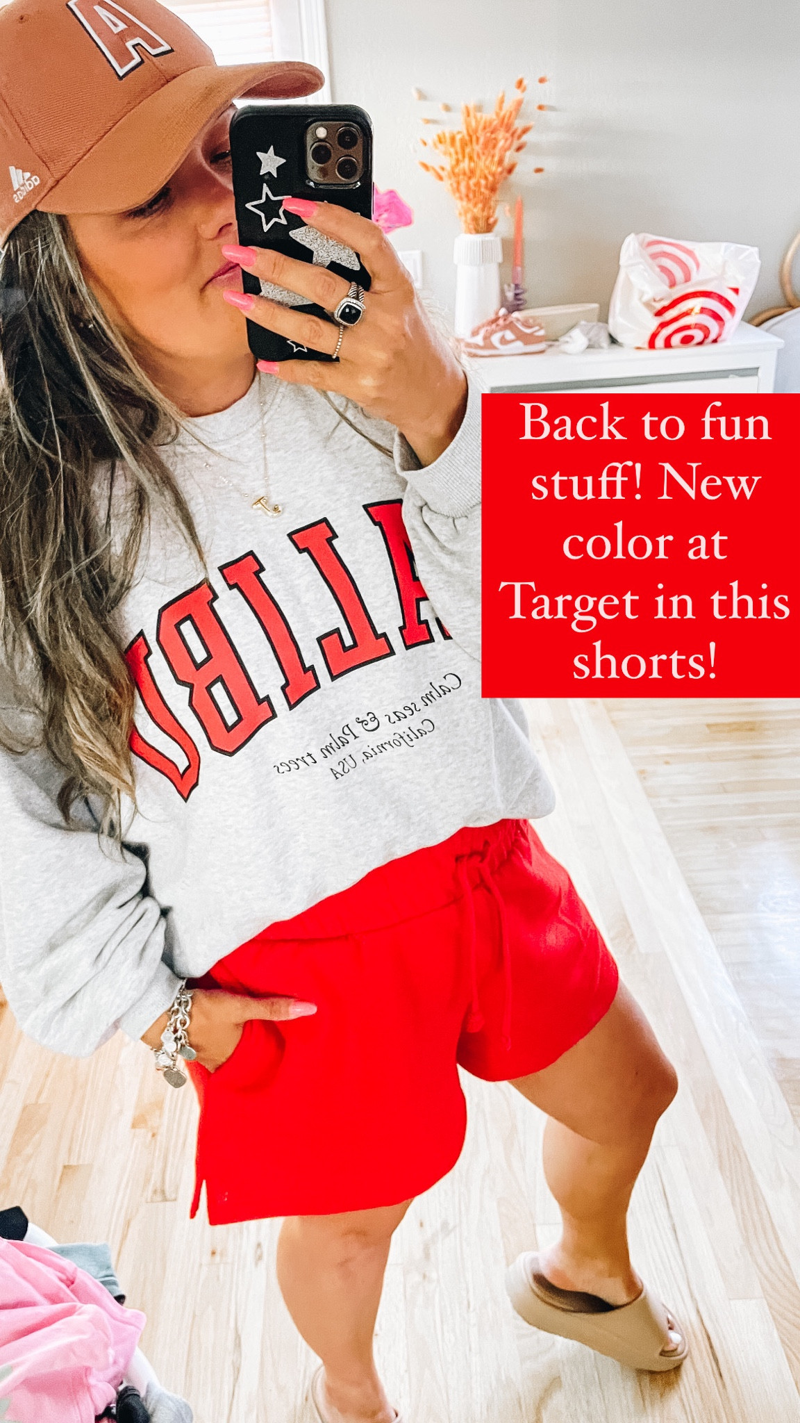 I love these Target high waisted drawstring sweat shorts. 

I did a large but could have went with a medium (so I’d say they’re true to size) I am a size 31 in jeans & weigh 160 lbs 5”3 

Will be cute for the 4th too 🇺🇸✨