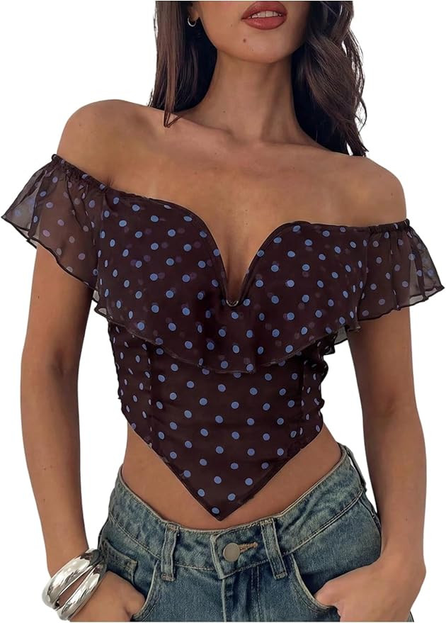 Floerns Women's Polka Dots Ruffle Tops Y2K Shirred Off The Shoulder Asymmetrical Rave Party Tops | Amazon (US)