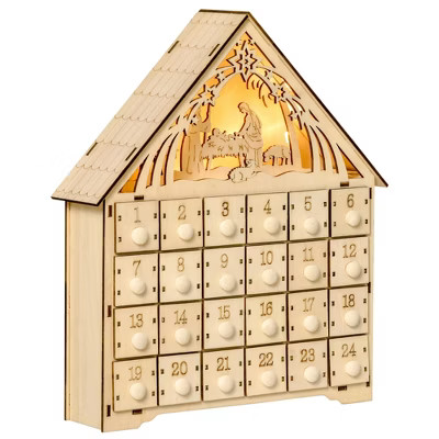 HOMCOM Christmas Advent Calendar, Light Up Manger Scene Tabletop Xmas Wooden House Holiday Decora... | Target
