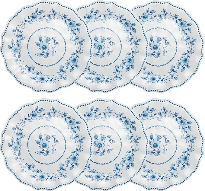 UP UPware Blue and White Floral Melamine Dinner Plate Set, Flower Shaped Plates with Beaded Edge ... | Amazon (US)