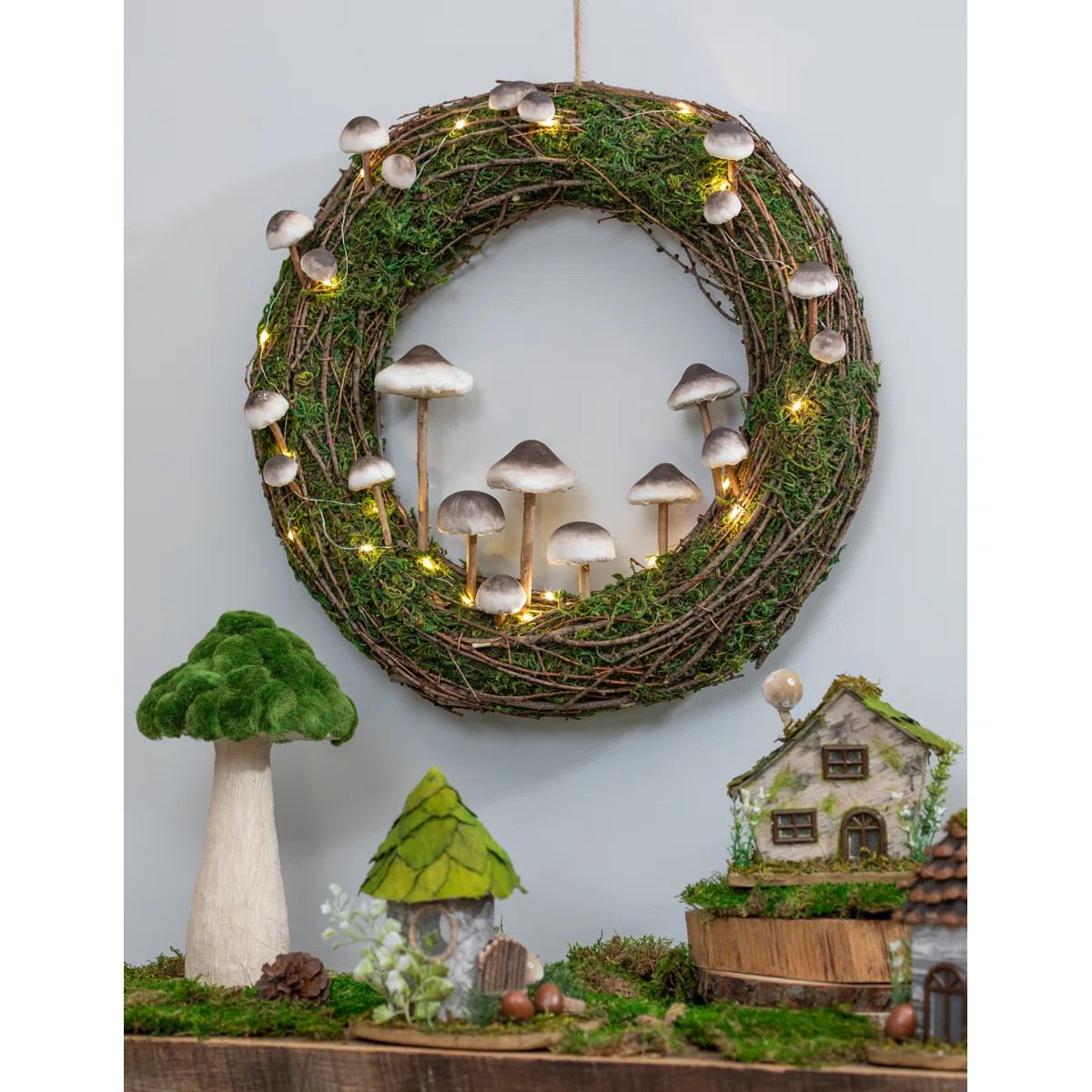 Rattan Mushroom Outdoor Wreath With Lights | Wayfair North America
