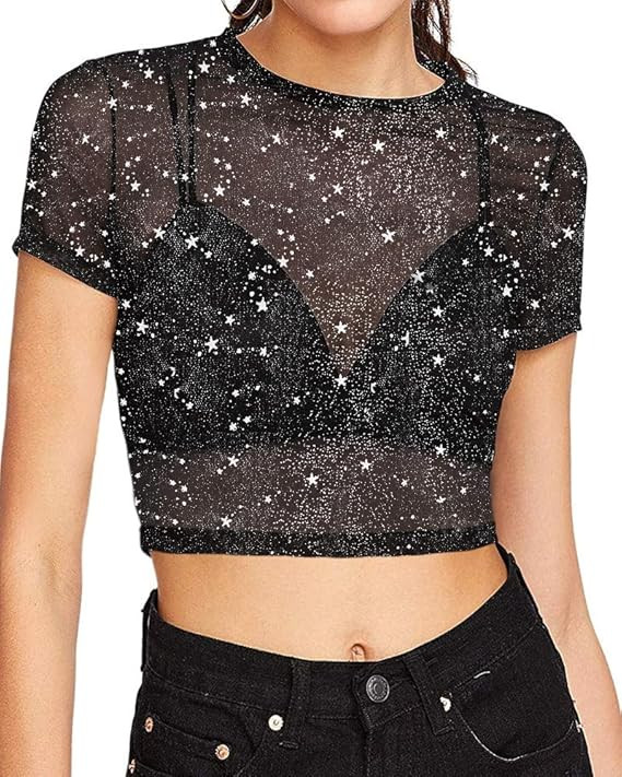 MANGOPOP Women's Short Sleeve Long Sleeve Sheer Mesh Crop Tops Tee Shirt Blouse | Amazon (US)