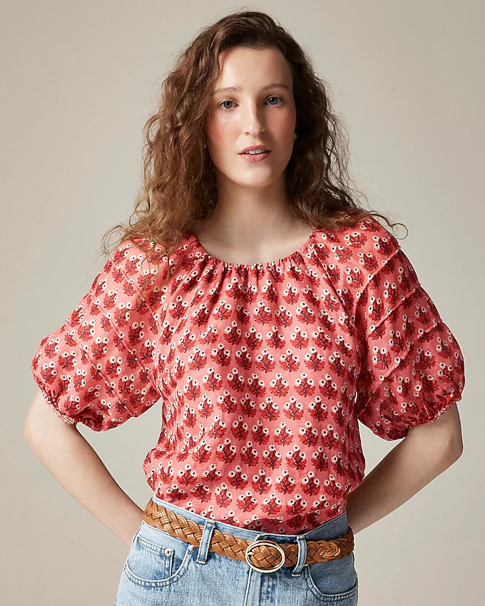 Puff-sleeve top in block-print ramie | J. Crew US