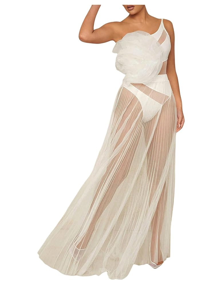 OYOANGLE Women's Sheer Mesh High Waist A Line Long Skirts | Amazon (US)