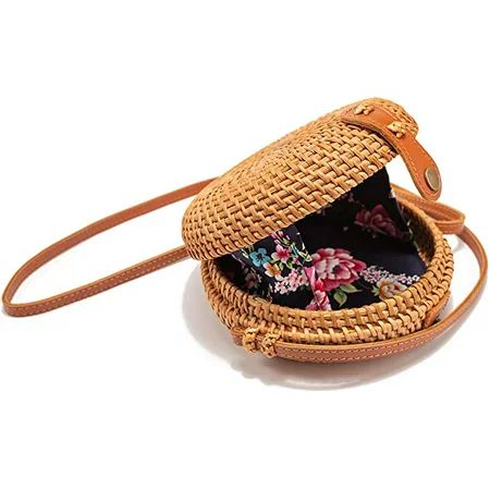 Nvzi Handwoven Circle Rattan Straw Crossbody Bag for Women 7.1 with Adjustable Genuine Leather Strap | Walmart (US)