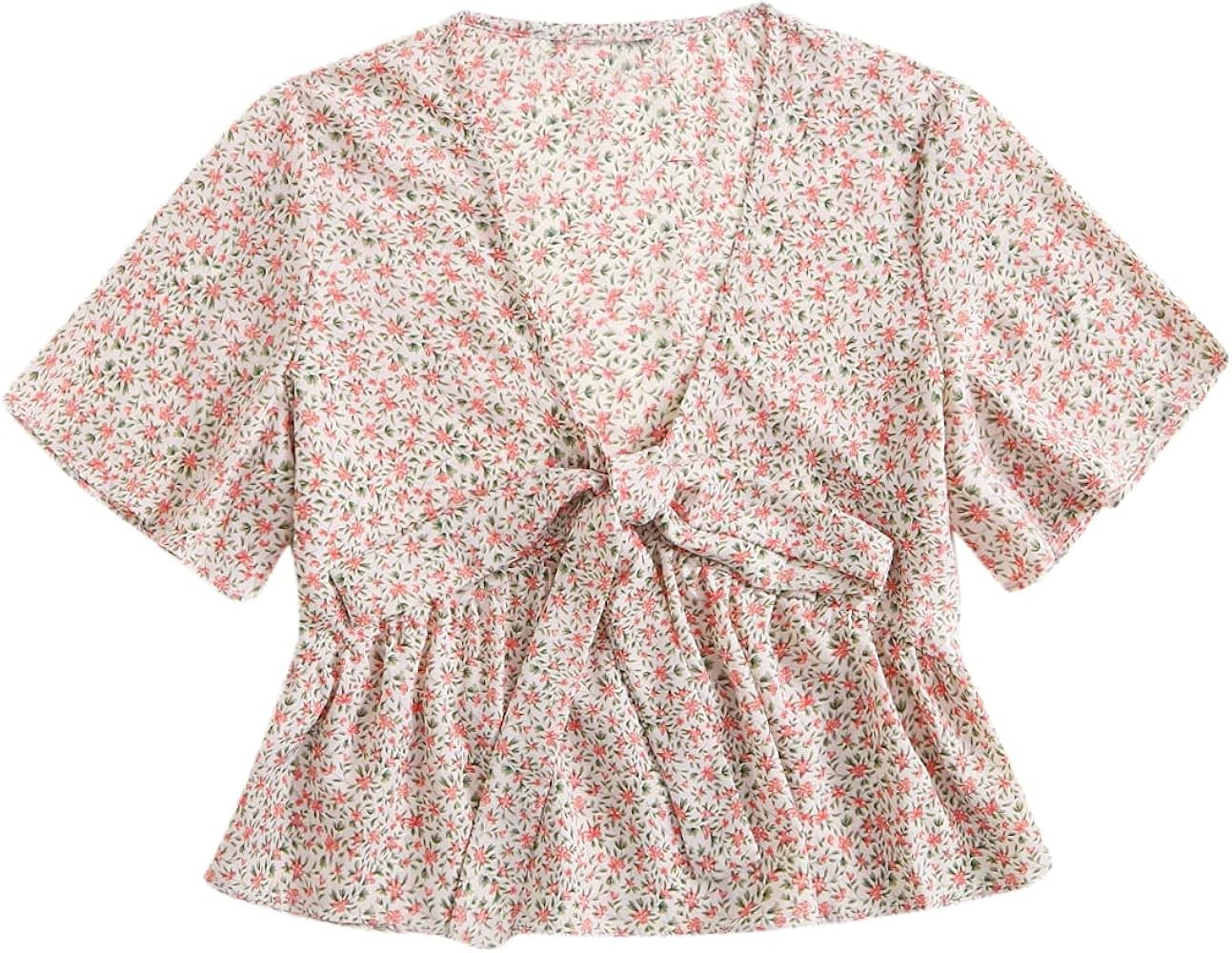 SheIn Women's Floral Tie Front Blouse Short Sleeve Ruffle V Neck Crop Top | Amazon (US)
