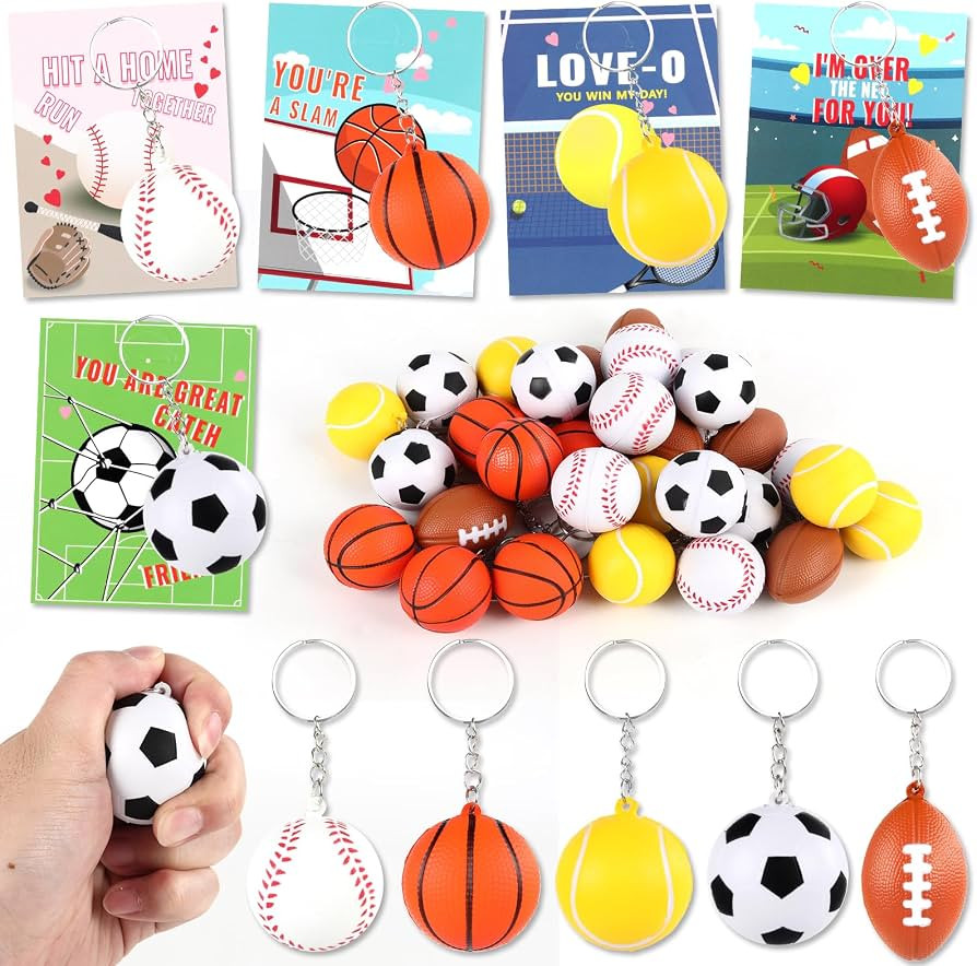 30 Pack Valentines Day Cards Gifts for Kids: Sports Stress Balls Keychains with Valentine's Day C... | Amazon (US)