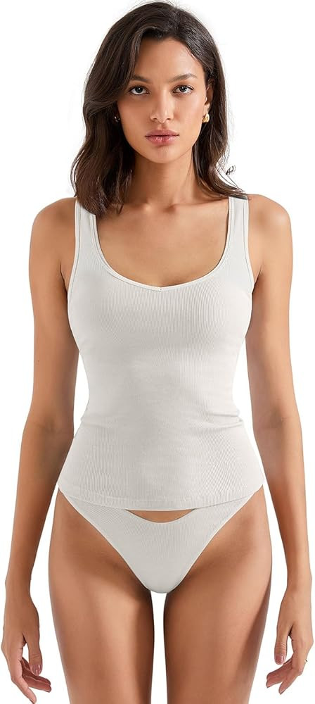 SUUKSESS Women Cotton Ribbed Built in Bra Tank Tops Summer Casual Basic Top | Amazon (US)