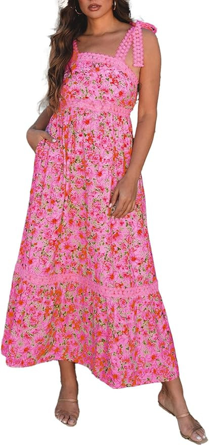 Womens Maxi Dress Spring Summer Sleeveless Lace Strap Empire Waist A Line Side Pockets Beach Casu... | Amazon (US)