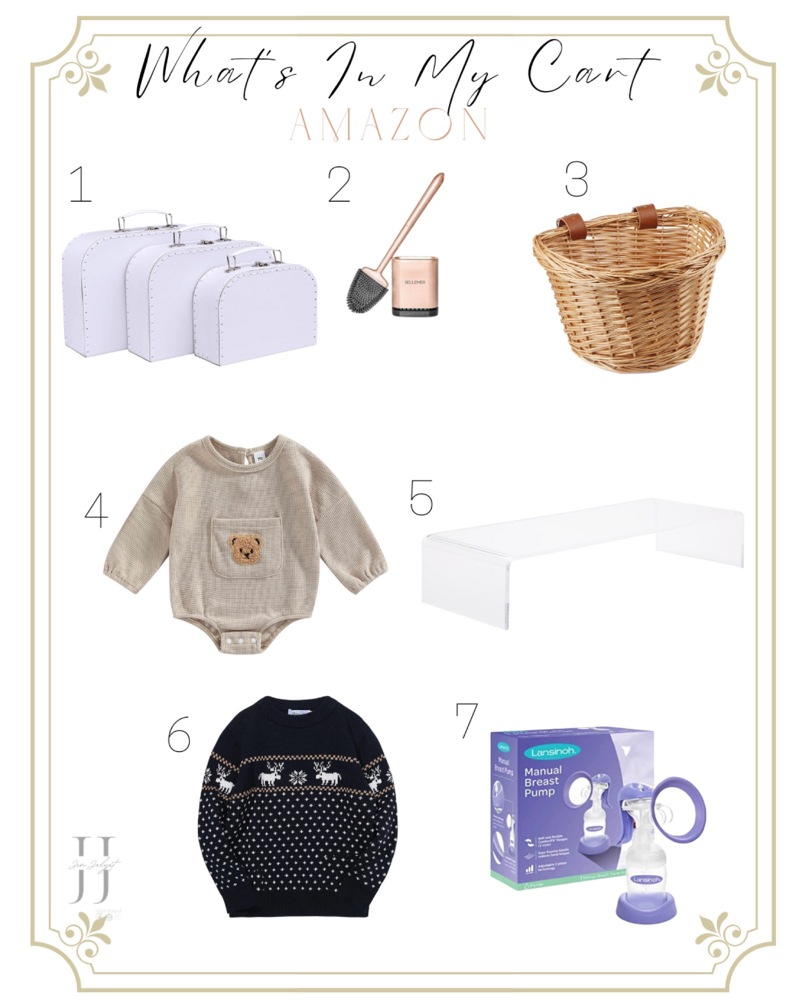 WHATS IN MY AMAZON CART 🛒 

1. Going to make some memory boxes for the babies with my favorite outfits, pictures, toys etc
2. Silicone toilet cleaner because it is more sanitary!
3. Putting this basket in my daughter’s bike so she can carry her dolls with her 
4. Cute gender neutral baby bear sweater 
5. Acrylic desk riser for my husbands home office desk
6. Cute blue winter sweater
7. Hand nursing pump for on the go


Amazon essentials must haves finds affordable style organizations 

#LTKhome #LTKkids #LTKbaby
