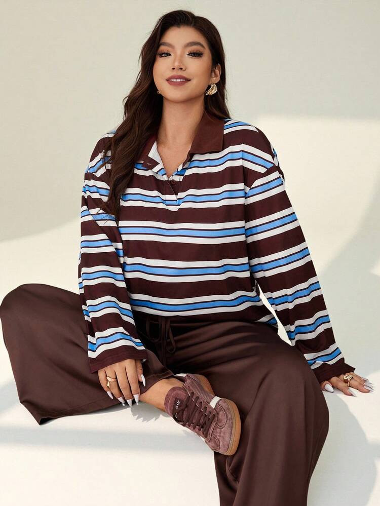 Auralis Plus Size Casual Colorblock Striped Long Sleeve T-Shirt,/Long-Sleeved POLO Collar Loose Brown Blue Striped Plus Size T-Shirt / Casual Daily Street Y2K Plus Size Top / Street Blogger High Street Wear Top Spring | SHEIN