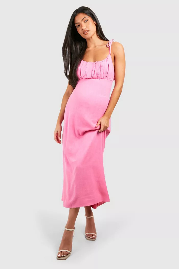 Maternity Linen Look Tie Strap Midi Dress | boohoo (US & Canada)