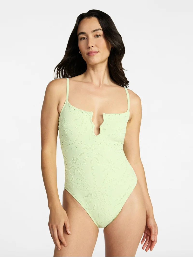 Time and Tru Women's and Women's Plus Size Eyelet Embroidered V Wire One Piece Swimsuit, Sizes XS... | Walmart (US)