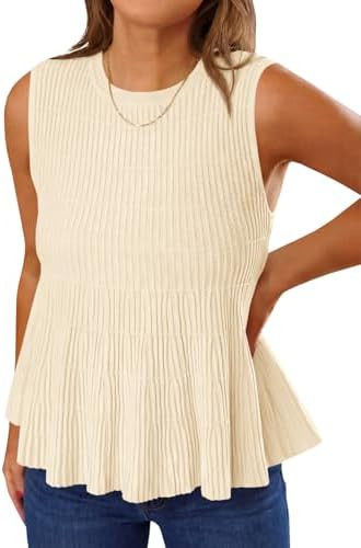 Saodimallsu Womens Peplum Ribbed Tank Tops Cute Sleeveless Knit Ruffle Crew Neck 2026 Summer Swea... | Amazon (US)