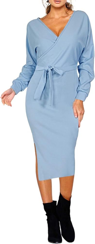 VamJump Women's V Neck Sweater Wrap Dress Batwing Long Sleeve Dress Backless Bodycon Maxi Dress w... | Amazon (US)