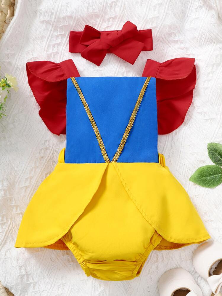 Baby Color Block Ruffle Trim Peplum Waist Bodysuit With Headband | SHEIN