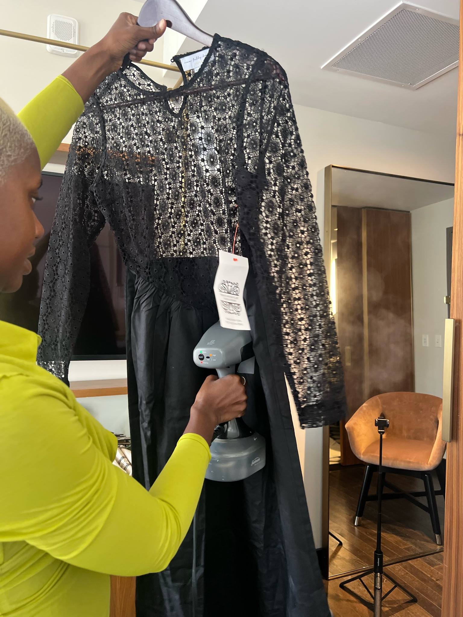 Black dress with lace top and steamer 

#LTKCon #LTKtravel #LTKstyletip