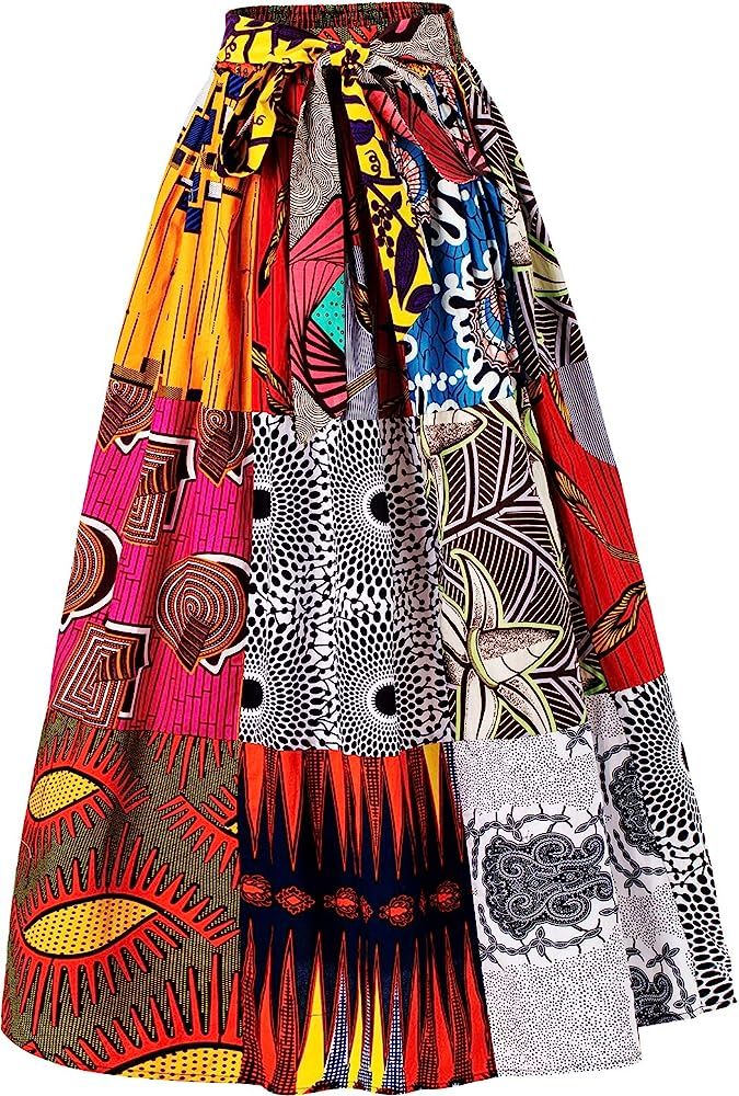 HongyuAmy Women's African Print Elastic Waist A Line Long Maxi Skirt with Pockets | Amazon (US)