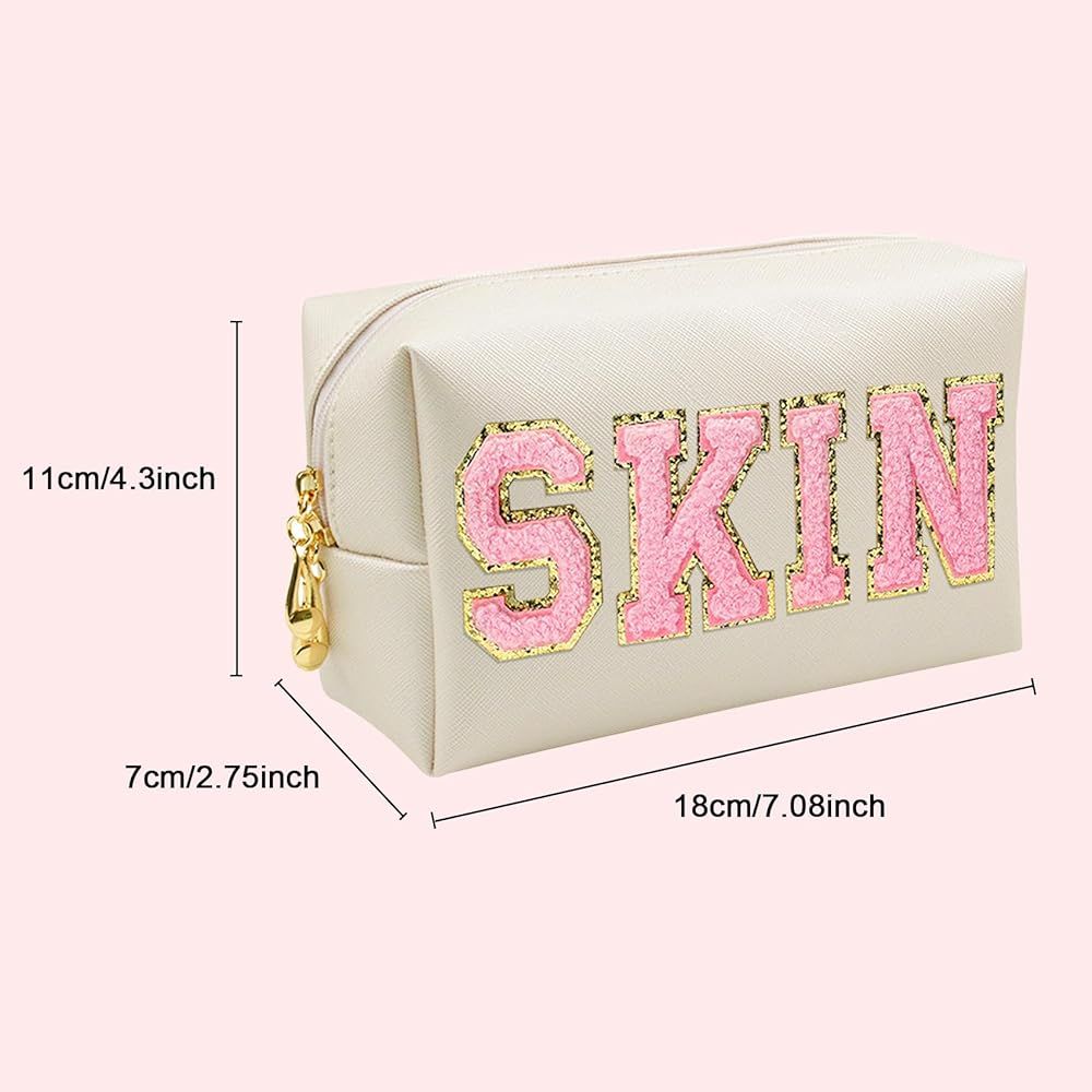 Chenille Letter Patch Makeup Bag, Preppy Cosmetic Bag PU Leather Skincare Bag with Zipper, Toilet... | Amazon (US)