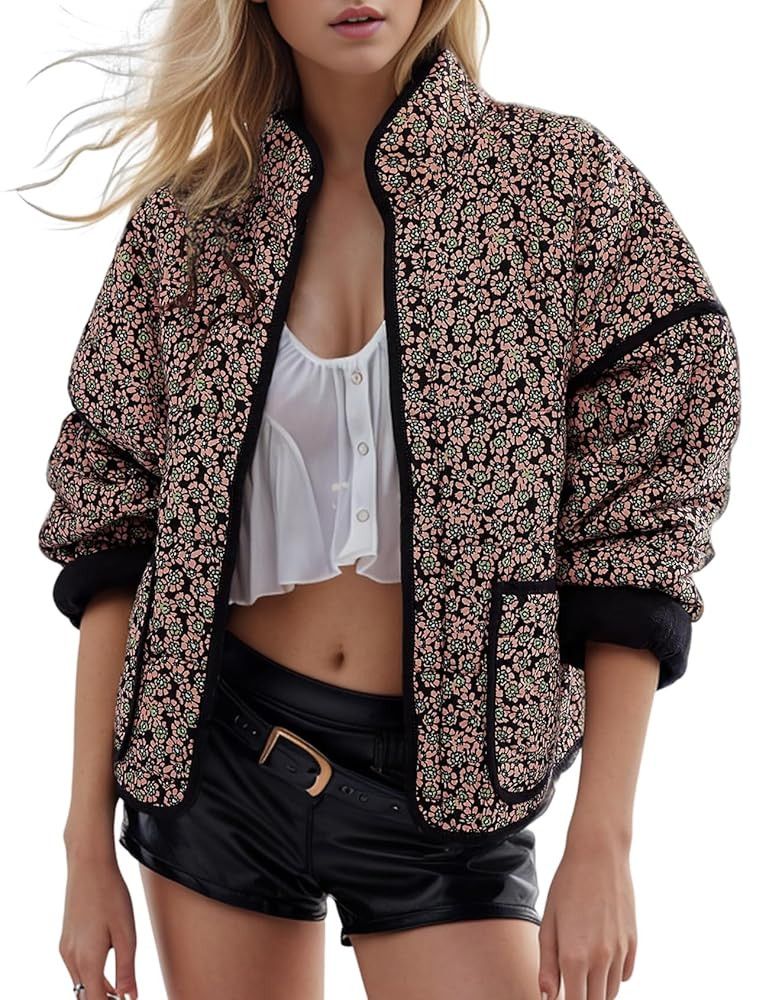 Yimoon Women's Cropped Puffer Quilted Jacket Vintage Floral Print Open Front Lightweight Short Ja... | Amazon (US)