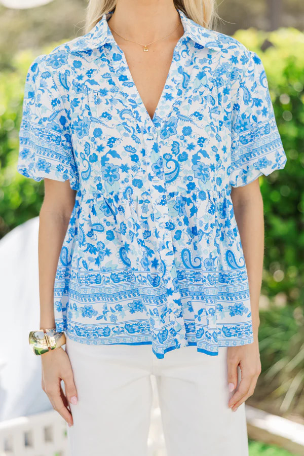 In This Place Blue Border Print Blouse | The Mint Julep Boutique