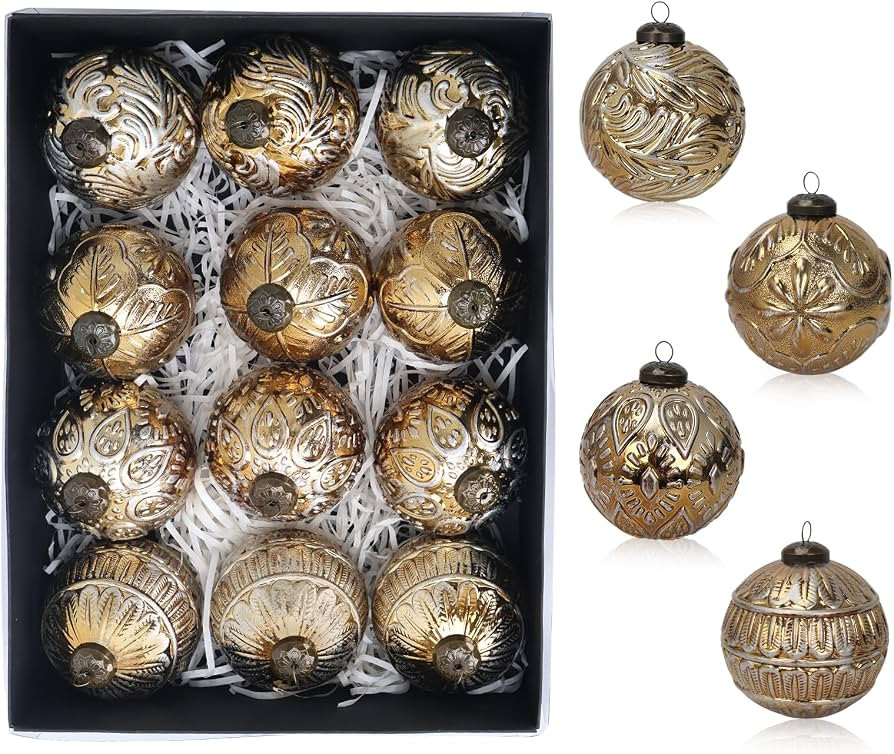 Retro Patterns Christmas Ball Ornaments - 12PCS, 3.15''/80mm Embossed Shatterproof Vintage Hangin... | Amazon (US)