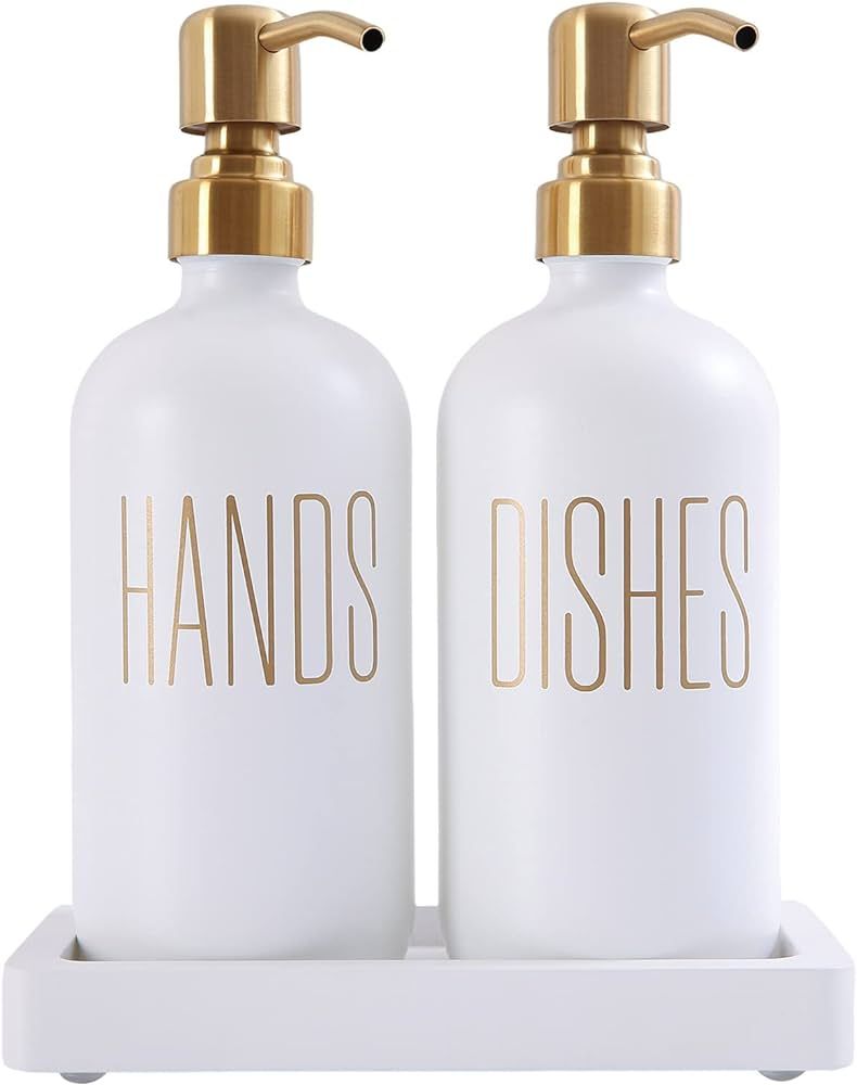 Glass and Stainless Steel Soap Dispenser Set for Kitchen Counters (White) | Amazon (US)
