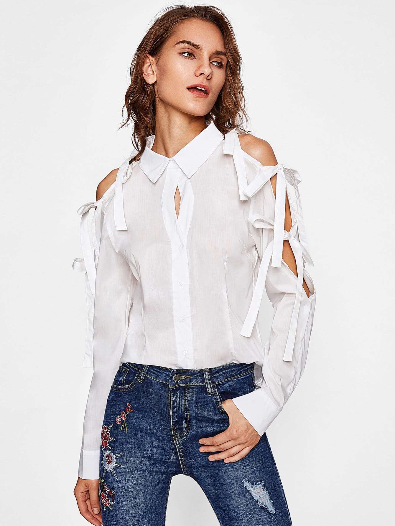 Open Shoulder Bow Tie Sleeve Blouse | SHEIN