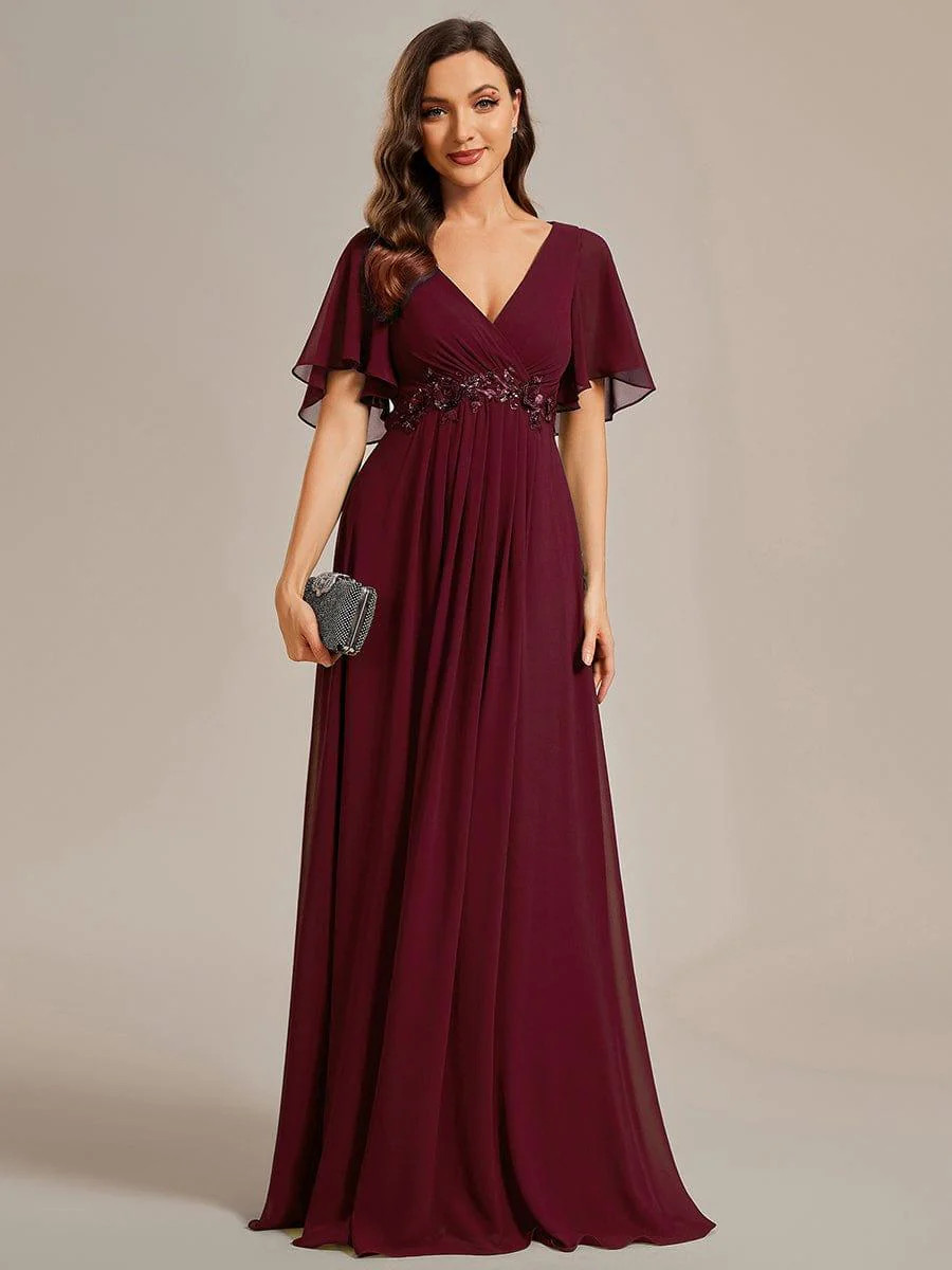 ever IVYROSE|Ruffles Sleeve A-Line Chiffon Waist Applique Maxi Formal Evening Dress | Ever Pretty Garment Inc