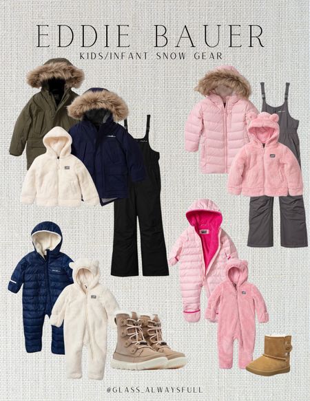 Eddie Bauer sale! Bought the pink down snowsuit for Savannah, and love it, but size down - it runs really big! Baby snowsuit, baby bunting, Toddler ski jacket, kids ski outfit, kids ski pants, kids snow boots, family ski trip. Callie Glass @glass_alwaysfull 

#LTKSeasonal #LTKkids #LTKfamily
