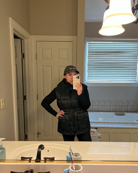 Mom life. Mom style. Puffer vest. Winter outfit. Activewear. Spanx faux leather leggings. Everyday outfit. Winter style. Winter fashion. Everyday look. 

#LTKstyletip #LTKsalealert #LTKFind