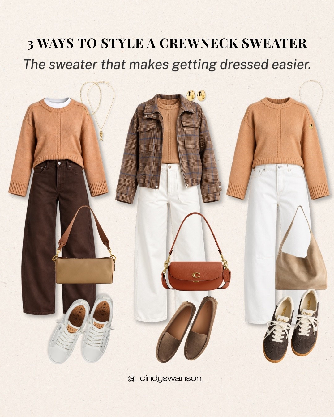 A camel crewneck sweater is such a useful wardrobe staple, especially when you can style it three different ways. 
And my goodness…it’s under $30 and soft!! 
I size up 1-2 sizes in it 

I love it with brown denim for a tonal look, layered under a plaid jacket with white jeans, or kept simple with white denim and sneakers.

#LTKootd #LTKOver40 #LTKgrwm