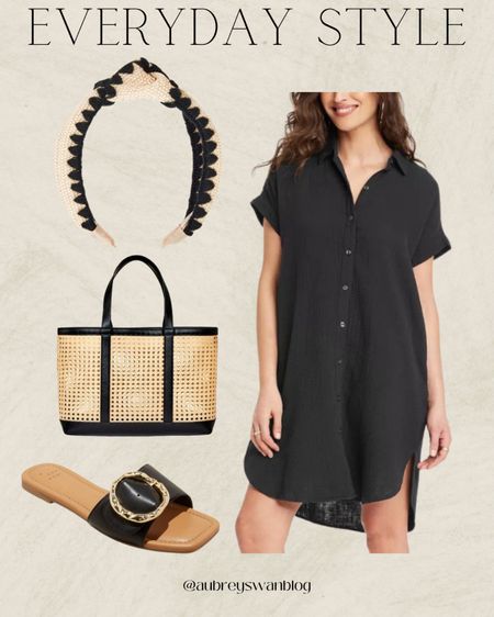 Everyday Style ✨ 
I have this tote bag and love it!!

Target style, everyday wear, women’s clothing, short sleeve mini short dress, buckle slide sandals, top knot headband 