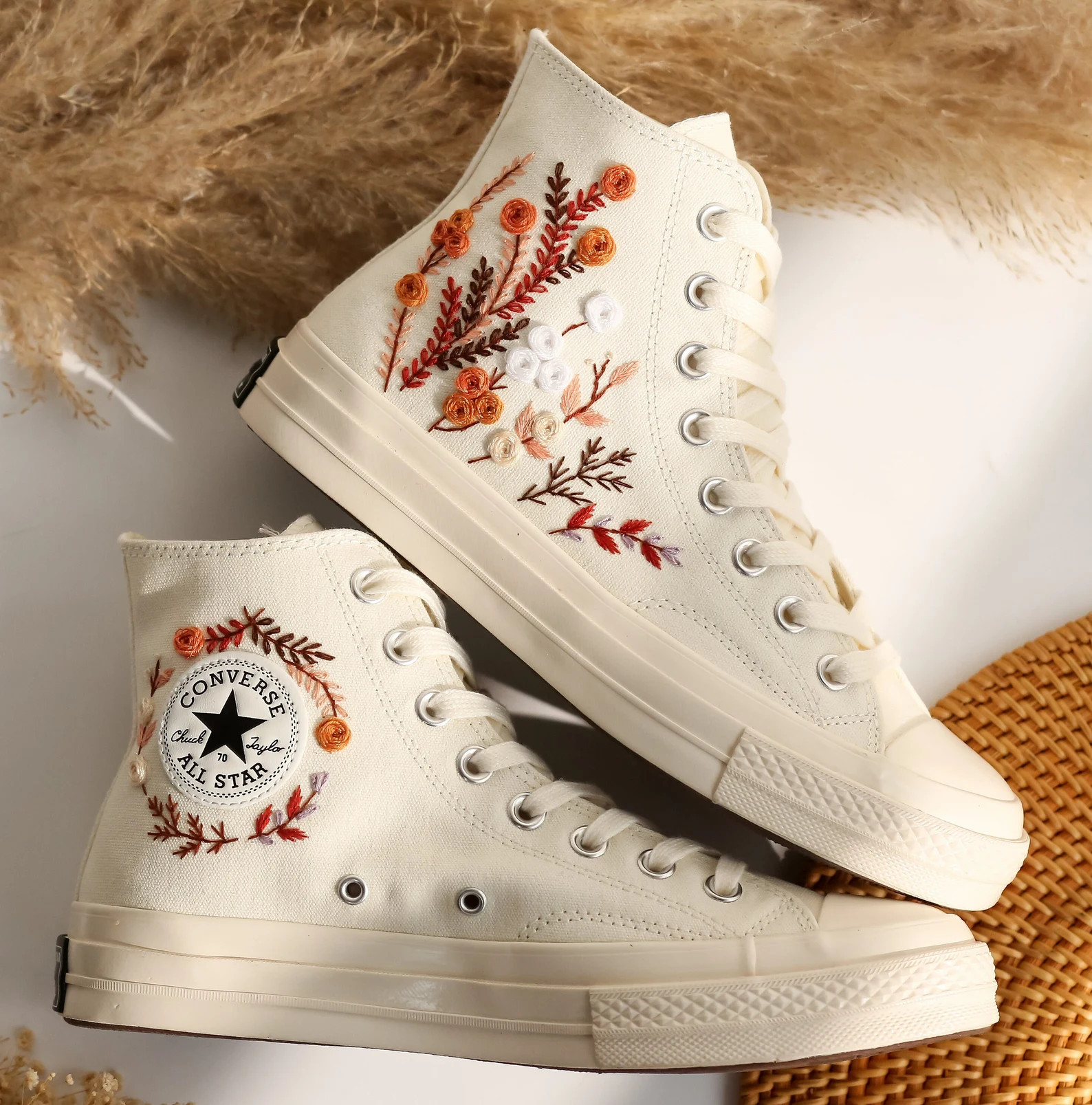 Custom Embroidered Wedding Sneakers, Fall Wedding Flower Embroidered Converse, Burnt Orange Bouqu... | Etsy (US)