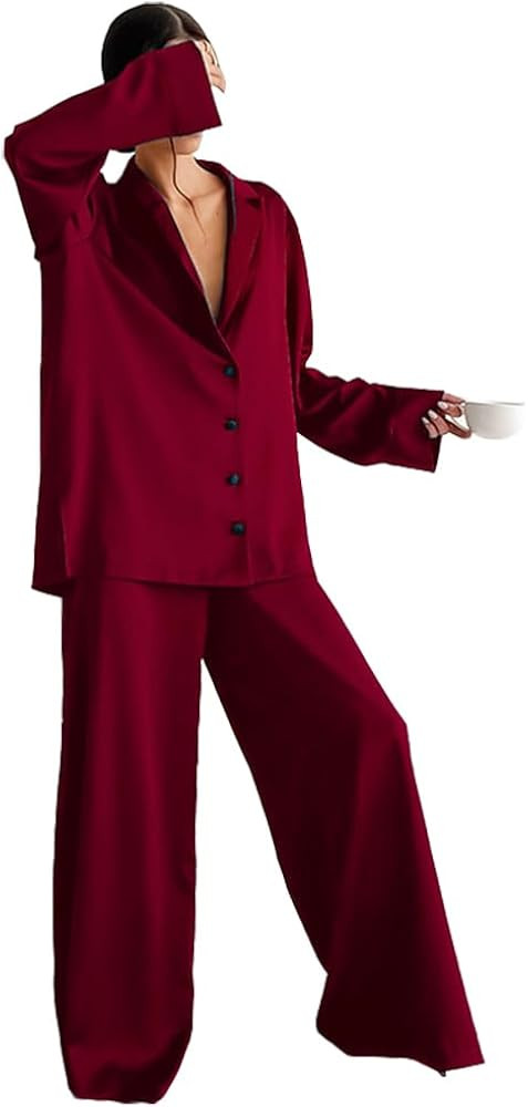 Womens Silk Pajamas Set Long Sleeve Satin Sleepwear Button Down Long Set 2 Pieces Loungewear Pjs | Amazon (US)