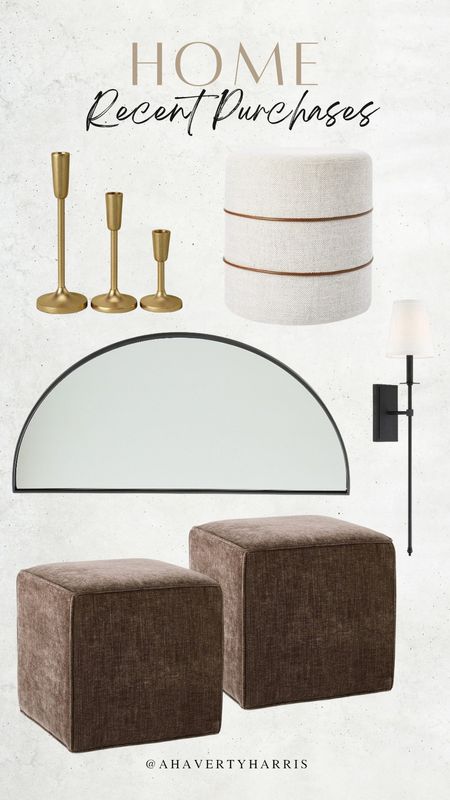 Home - recent items I've purchased for my home including two of these chocolate cube ottoman, round ottoman,  half moon mirror,  arch mirror,  oversized sconce, and candlesticks! Home decor,  living room,  family room, lighting,  mantle decor,  mantle mirror

#LTKhome