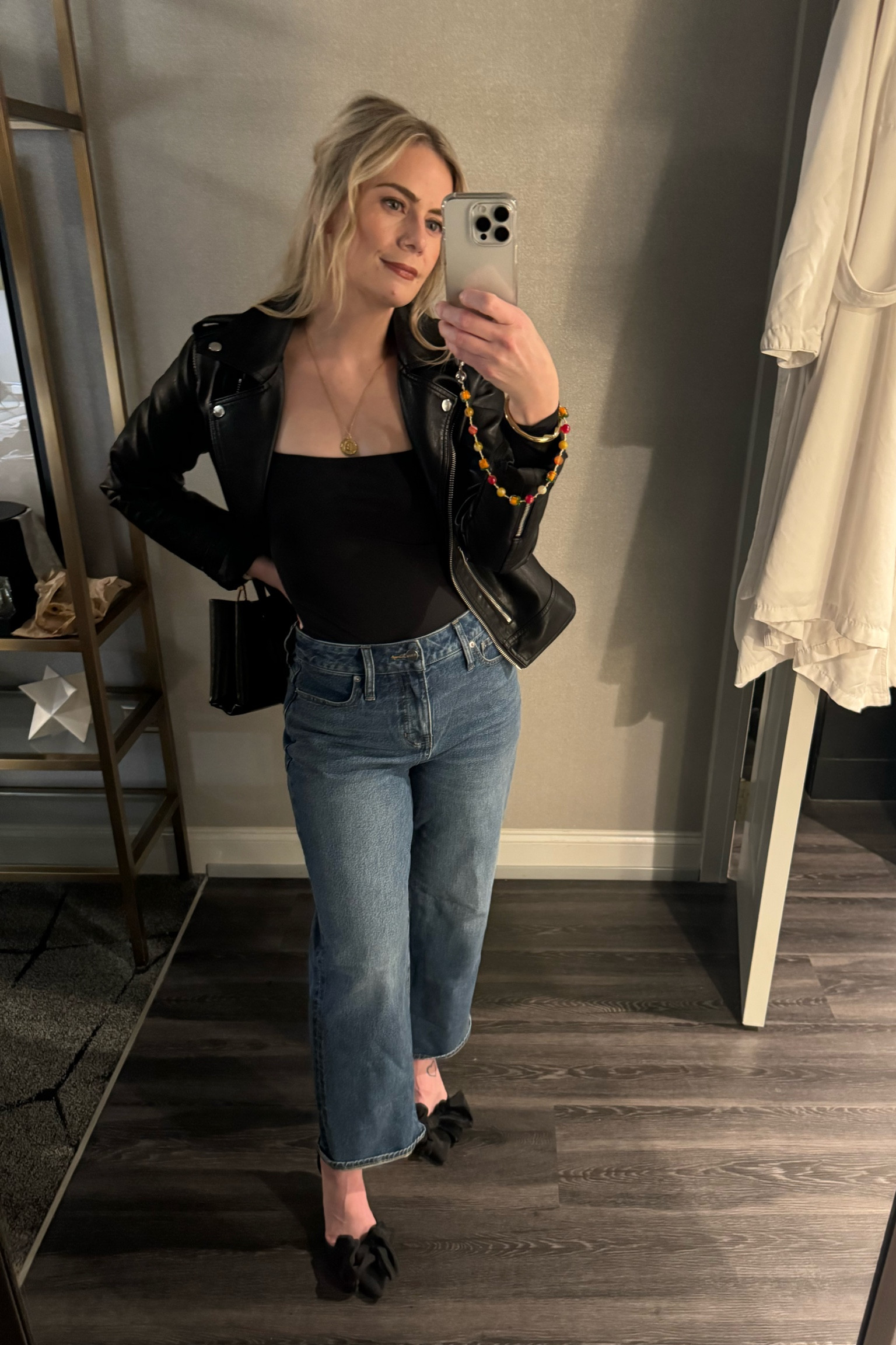 Britt’s outfit from our girl’s night this weekend. Everything she’s wearing is true to size. She loved the curvy version of J Crew’s slim-wide jeans. She said they fit her curvy bottom a lot better than the non-curvy version. The heels are from Target and she wore them all night without complaining once! 
The jacket is from Top Shop and sadly isn’t available anymore but we found a similar one you could try. 
The purse is from Mango, and it also isn’t available anymore but Britt found one they have that’s almost the exact same! 

#LTKStyleTip #LTKShoeCrush